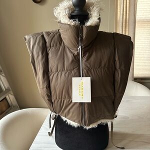Brown Puffer Vest with Faux Fur Trim reversible